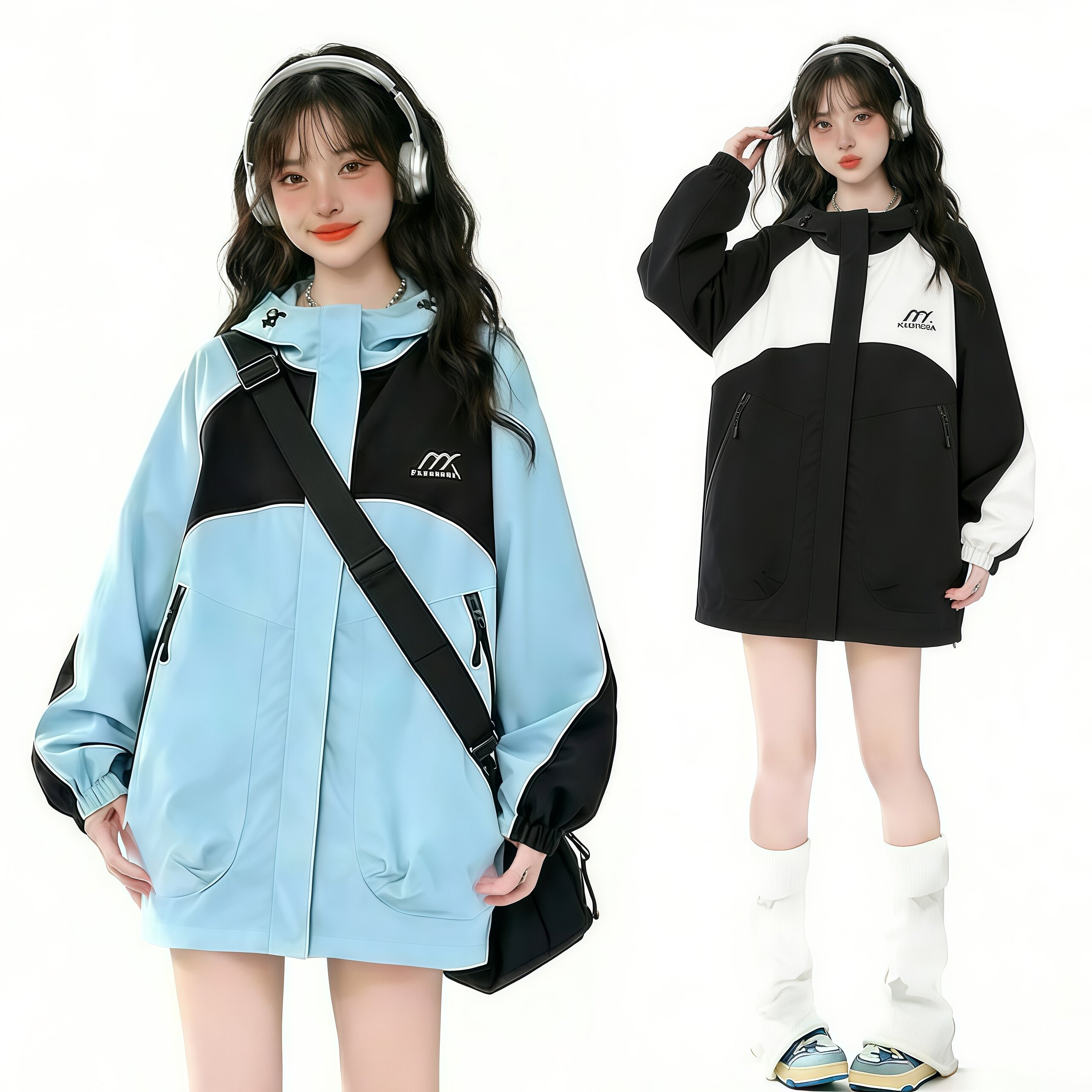 运动风连帽拼色冲锋衣外套女2026早春新款宽松休闲学院风夹克上衣