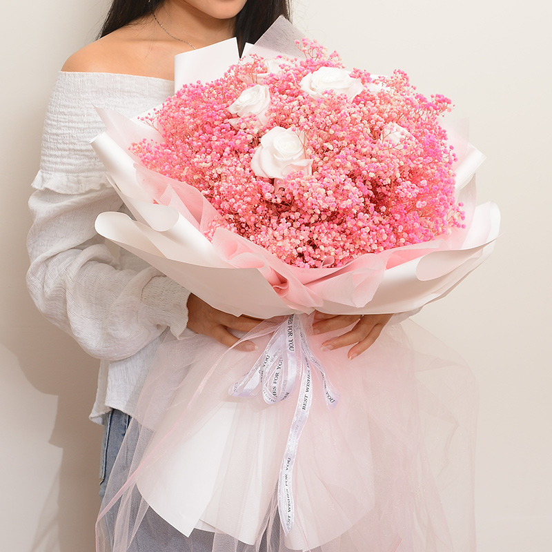 青如幽 糖果球灯永生花花束diy满天星干花花束创意生日礼物摆件