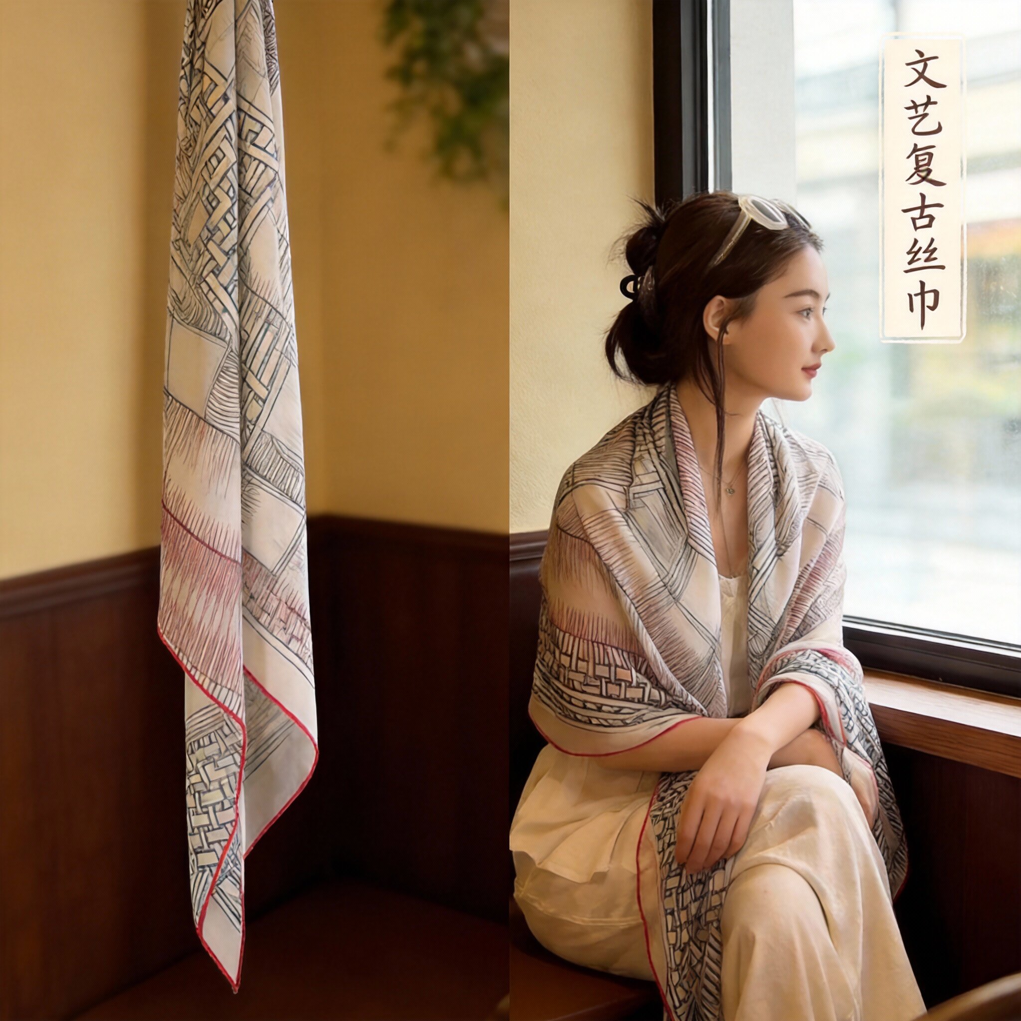 春秋新女士围巾双面印花斜纹仿丝大三角巾披肩围脖丝巾防晒高级感