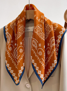 橙色腰果花棉麻发带丝巾70小方巾女薄款围巾领巾亚麻头巾百搭衬衫