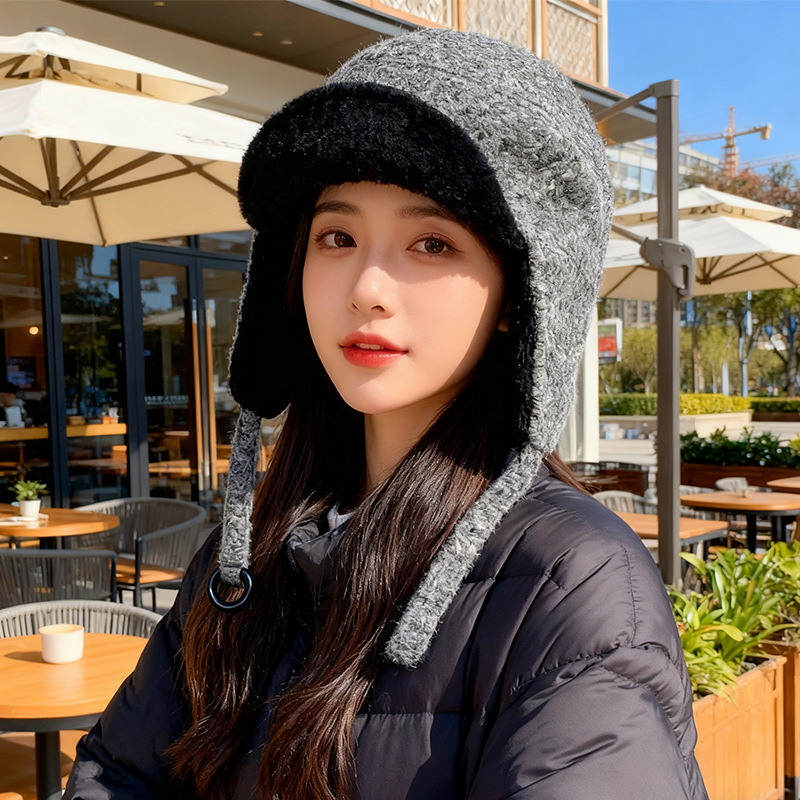 护耳灰色雷锋帽女秋冬百搭时尚护耳帽保暖大头围显脸小帽子