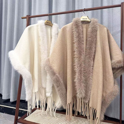 25新款流苏纺羊毛羊绒双面呢斗篷披肩狐狸毛拼接冬韩版宽松厚外套