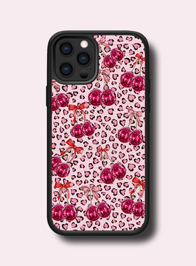 超火粉色豹纹樱桃16promax保护套12背板珠光细闪金属贴片14pro酷xs/xsmax/13/11promax/15plus