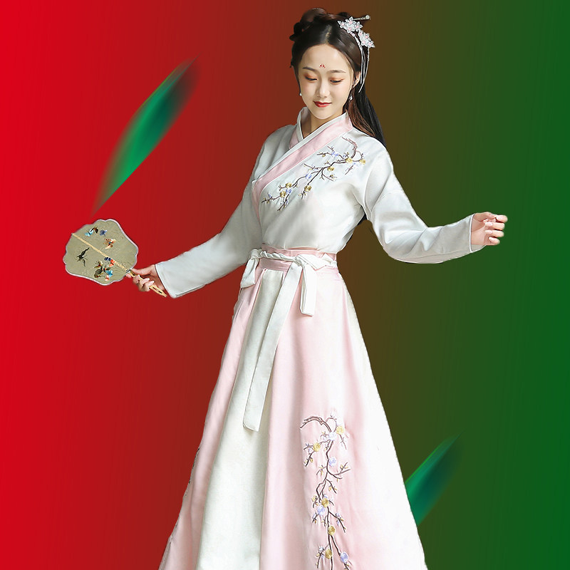 汉服齐腰襦裙女大成人中国风学生束腰古装春夏超仙淡雅侠客风白色