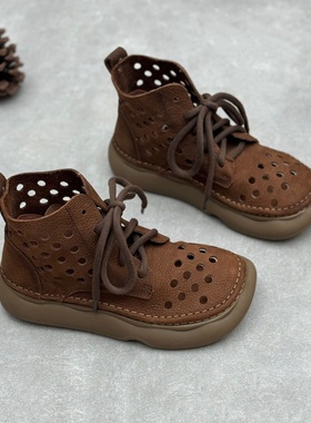 2025新款复古手工真皮靴夏季圆头平底系带软牛皮洞洞凉鞋高品