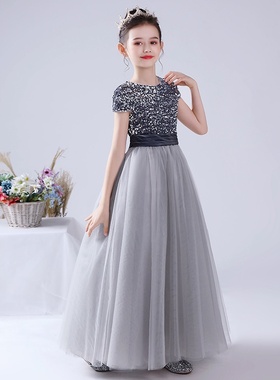 2025新款儿童礼服公主裙灰色网纱蓬蓬裙女童演奏礼服学生礼服