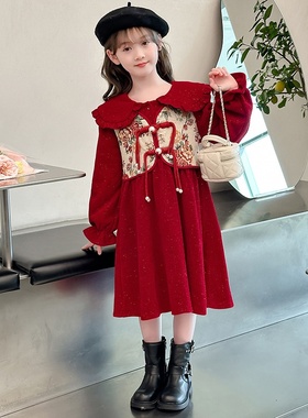 2025新款女童冬装花边领假两件连衣裙大童洋气甜美加绒裙子拜