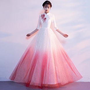 2025新款大合唱团演出服女长裙成人红色渐变中国风朗诵指挥独