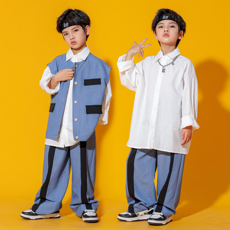 2026新款街舞儿童潮服男童演出服嘻哈衬衫马甲西装小学生运动会服
