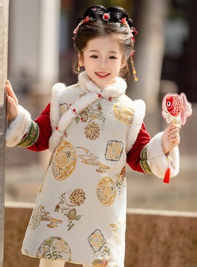 2025新款女童旗袍冬装儿童中国风唐装拜年服加绒加厚连
