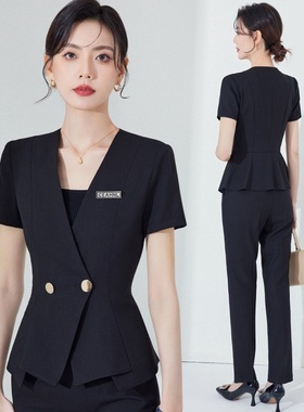 2025新款黑色短袖西装外套女夏季美容院工作服前台接待职业装