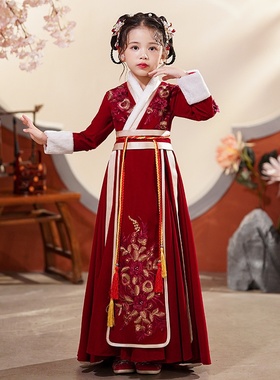 2025新款女童古风汉服披风冬季唐装中国风红色汉服儿童超仙拜