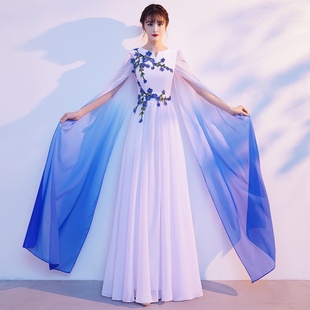 2025新款大合唱团礼服女长裙中国风飘逸古典弹古筝民乐演出服