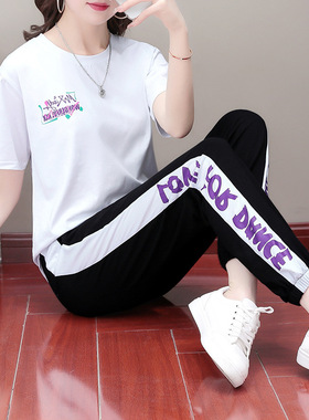 2026新款夏季休闲短袖运动套装女95棉时尚T恤长裤广场舞两