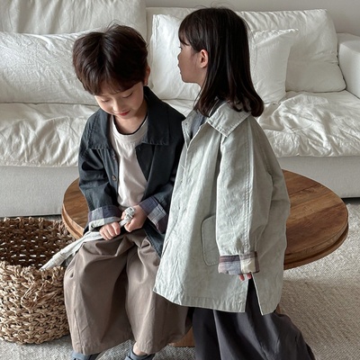 2025新款佳叶童品儿童秋季净色外套风衣男女宝宝森系格子长款