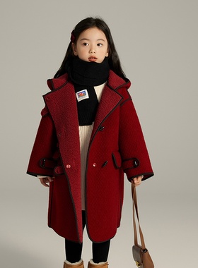 2025新款秋冬季儿童洋气大衣外套黑色线条内里加绒女童连帽大