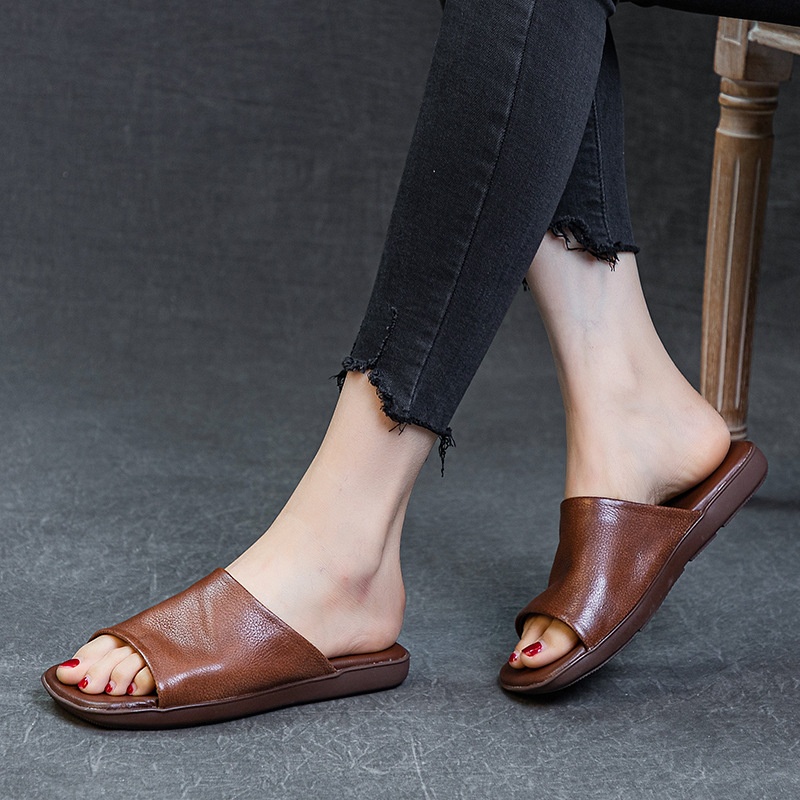 2025新款头层牛皮夏季凉鞋女一字文艺复古女拖鞋外穿软底软面