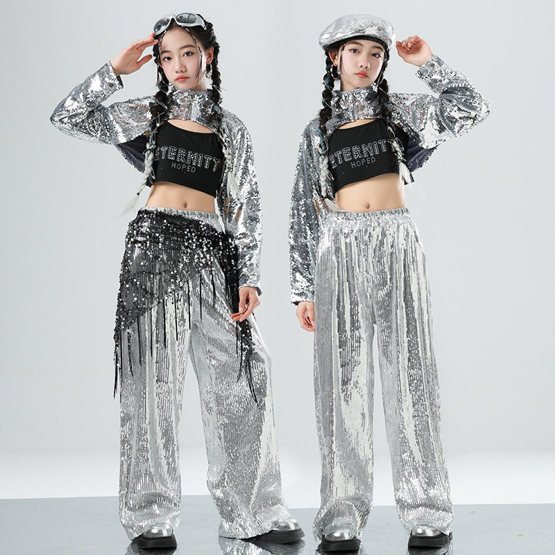 2026新款儿童银色亮片爵士舞演出服未来科技风女团jazz表演服