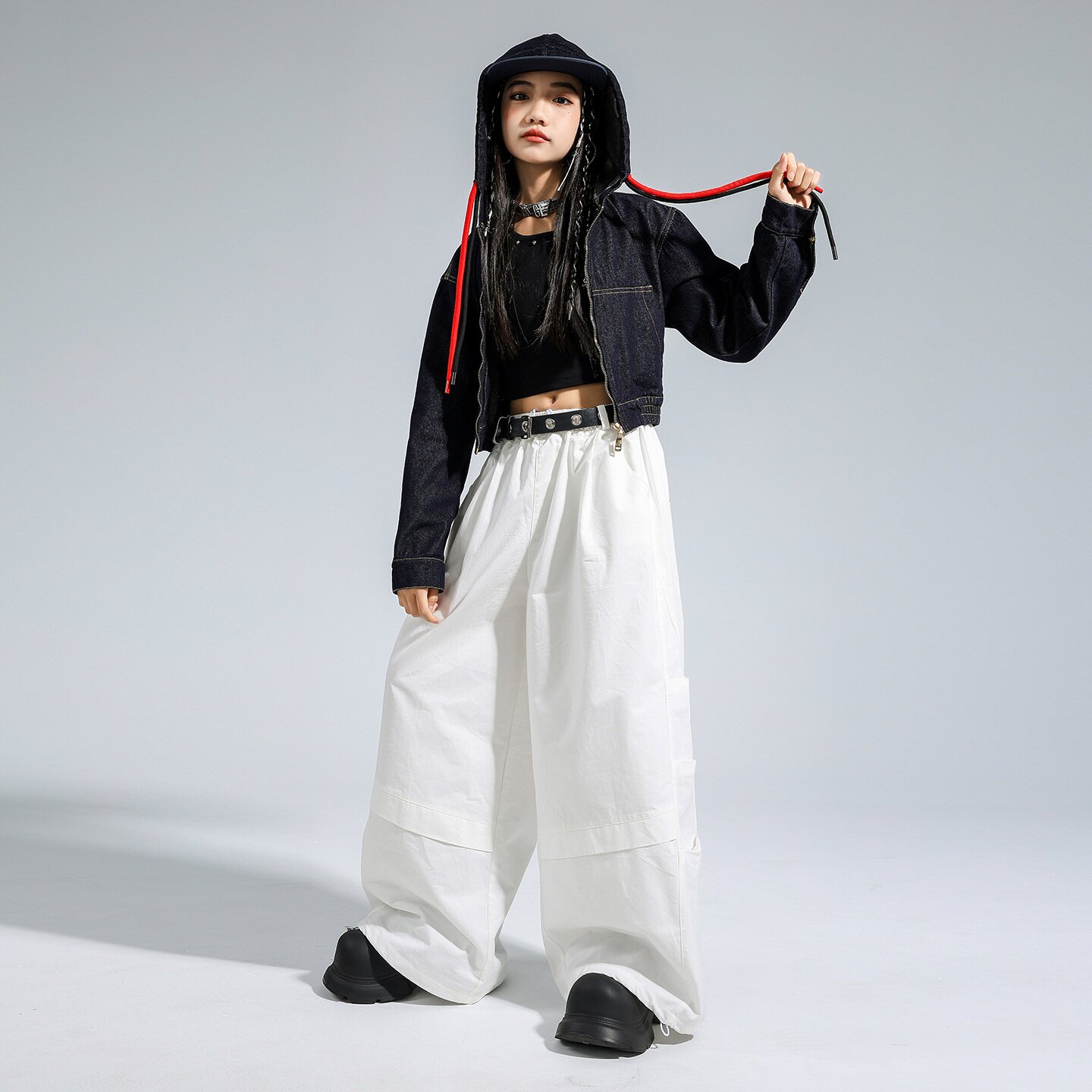 2026新款爵士舞女童服装嘻哈女孩jazz牛仔连帽外套时髦女团走