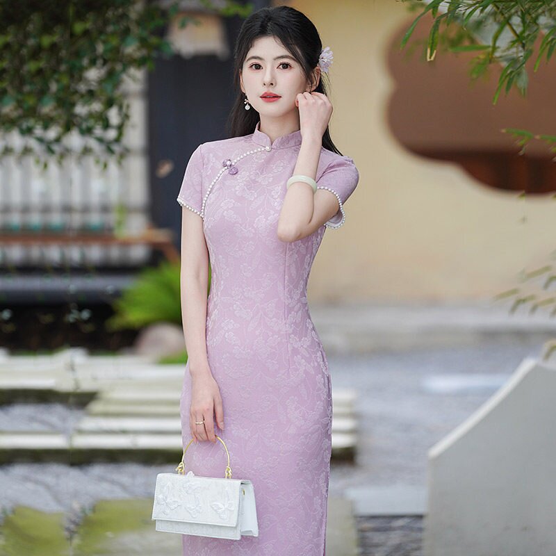 2026新款紫色送考国风新中式苏州长款旗袍改良年轻款女感夏季