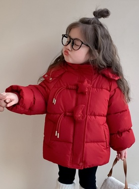 2025新款女童棉服冬款儿童冬季加绒加厚保暖上衣女宝宝红色拜