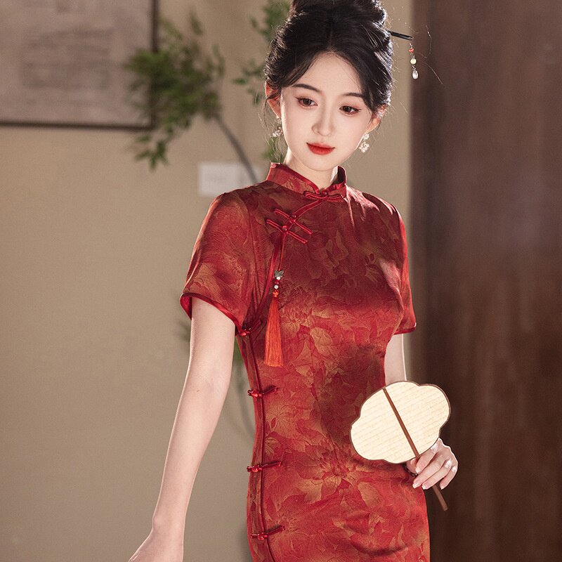 2026新款老上海复古国风长款短袖红色旗袍春婚宴旗袍敬酒服送考高