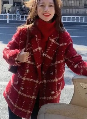 2025新款新年战袍富家千金小香风红色外套女冬装女装小个子高