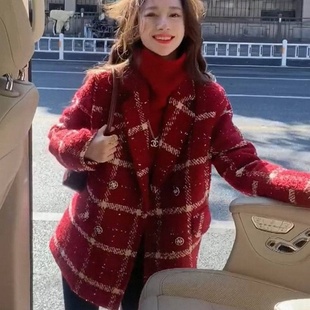 2025新款新年战袍富家千金小香风红色外套女冬装女装小个子高