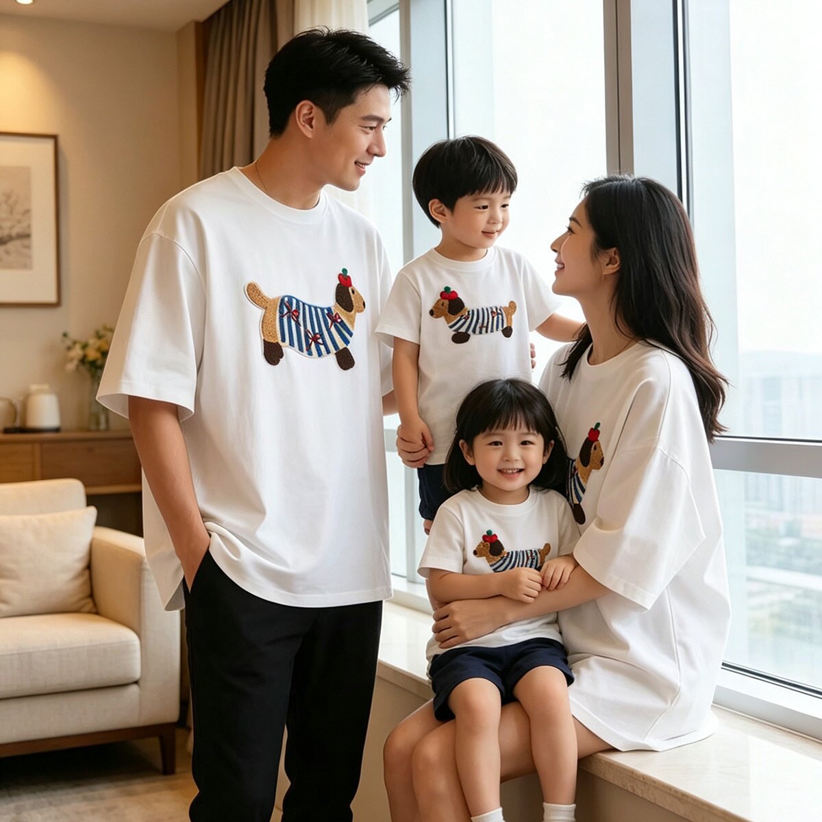 2026新款亲子装一家三口夏季母子母女装腊肠狗纯棉短袖T恤全家装