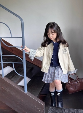 2025新款现货秋女童KT猫外套中小童韩版双面穿翻领夹克短款