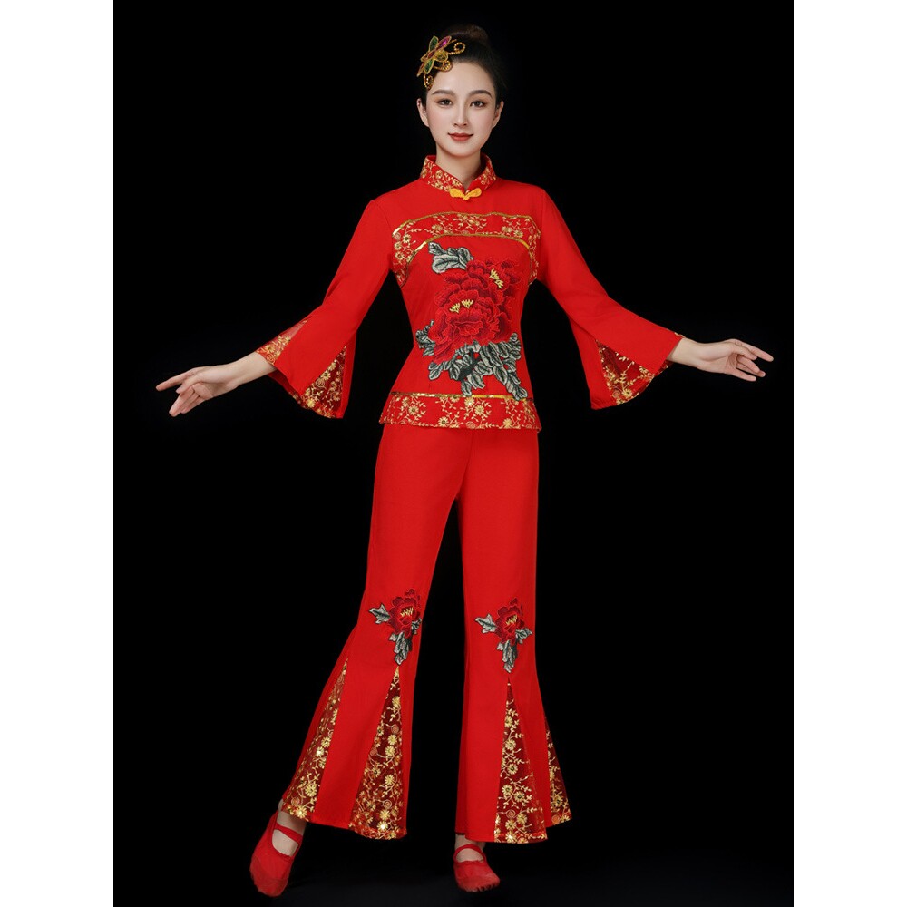 2026新款秧歌服套装中老年人古典扇子舞演出服红色喜庆腰鼓广