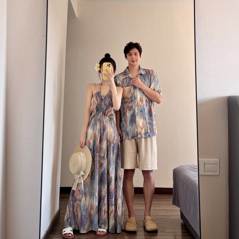 2026新款法式情侣装夏季海边沙滩裙度假旅游拍照吊带连衣裙男休闲