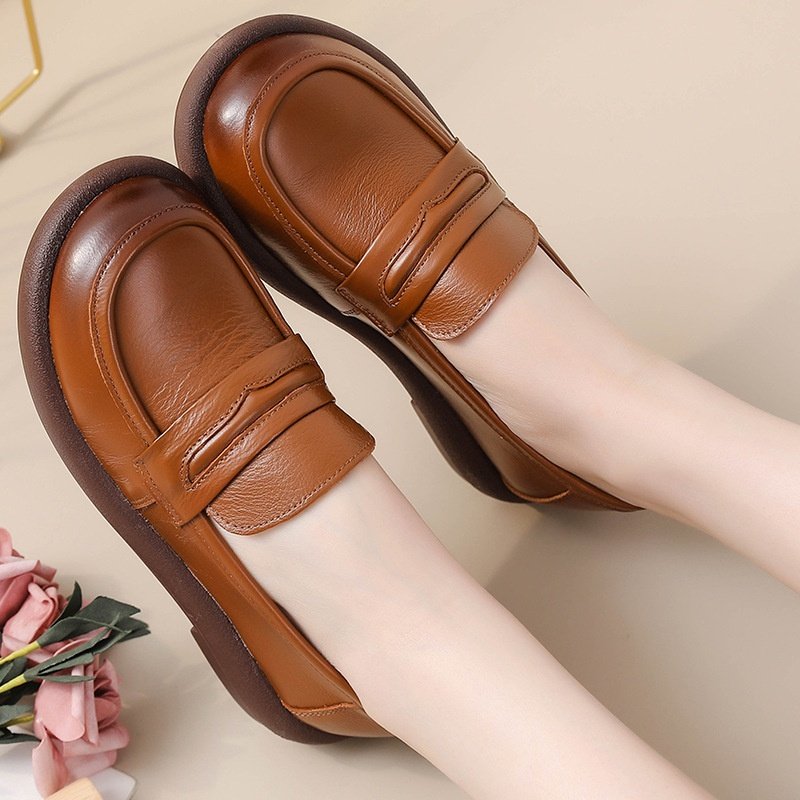 2025新款头层牛皮厚底休闲妈妈鞋真皮女士皮鞋简约圆头单鞋懒