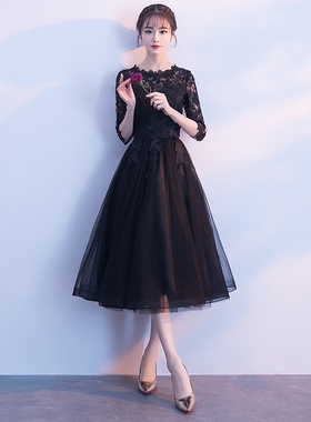 2025新款宴会晚礼服前短后长优雅派对聚会洋装黑色晚礼服日常