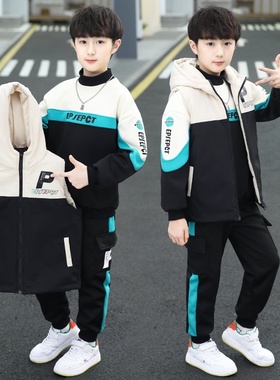 2025新款男童套装秋冬装加厚中大童卫衣马甲男孩加绒三件套加