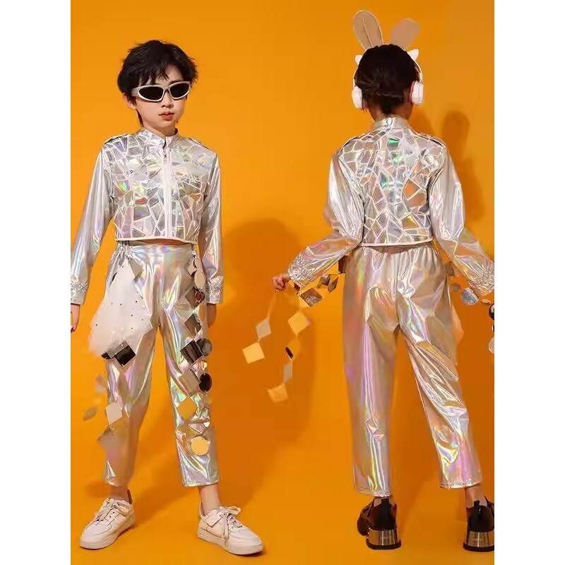 2026新款男女孩银色科技风机器人走秀演出服少儿嘻哈街舞表演服装