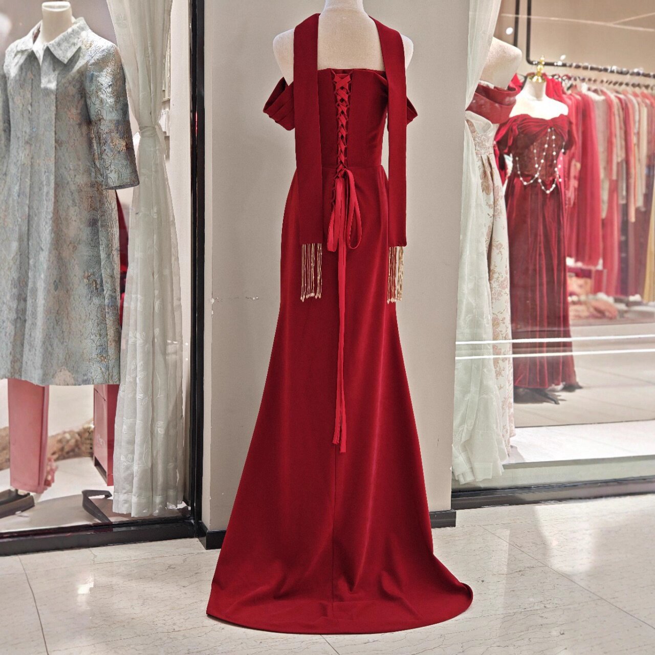 2026新款复古旗袍轻改良版加长款修身鱼尾蓝色连衣裙汉服走秀