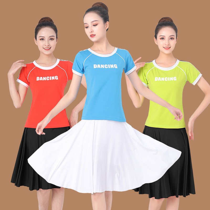 `新款广场舞服装短袖上衣中裙裙子套装时尚运动舞蹈服跳舞衣服女