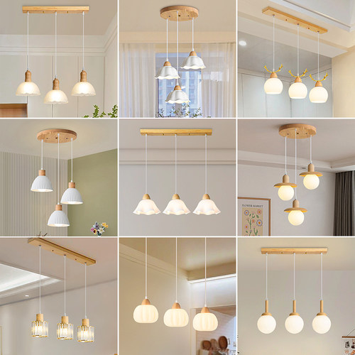 饭厅吊灯北欧原木三头简约餐桌吧台灯个性创意书房木艺卧室吊灯具