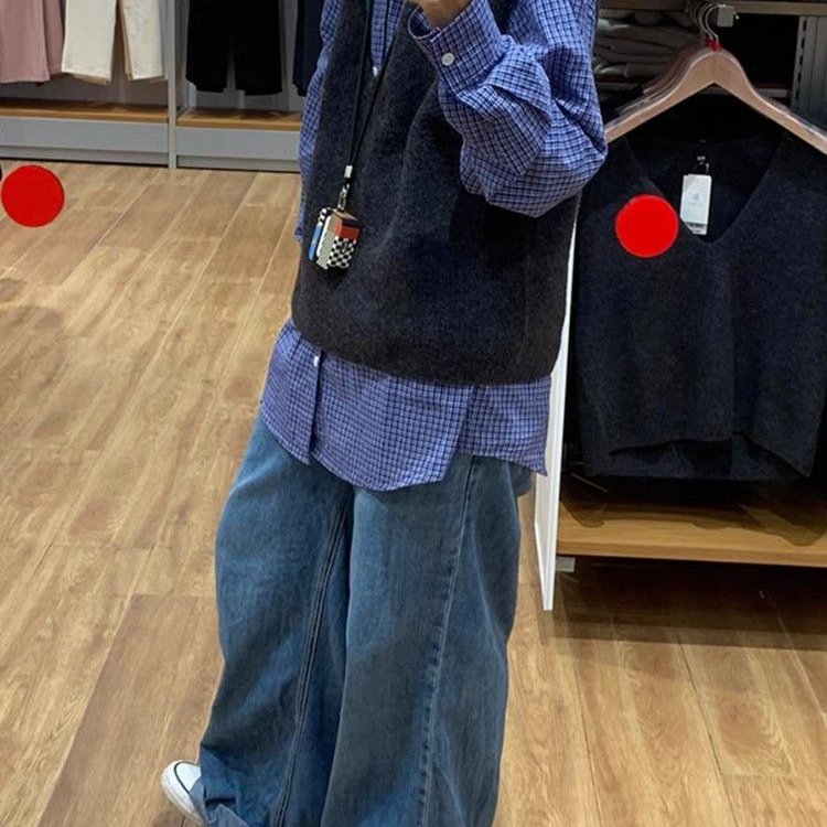 少年感蓝色格子衬衫叠穿内搭日系复古上衣长袖打底衬衣外套男女款