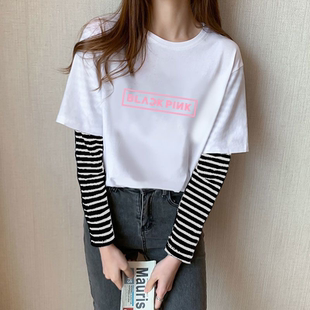BLACKPINK同款 拼接假两件条纹 衣服LISA朴彩英智妮早秋t恤上衣长袖