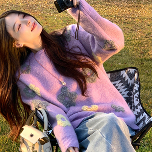 诗文同款美利奴羊毛纱立体花朵提花毛衣女冬宽松撞色针织圆领上衣