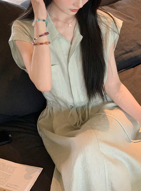 亚麻休闲抽绳收腰无袖V领连衣裙女夏慵懒风清新透气薄荷绿衬衫裙