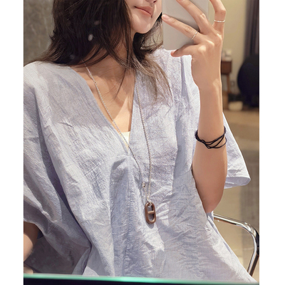 松弛感亚麻棉V领老钱风衬衫
