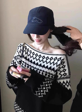 Skk Store RL冬日费尔岛 26支软糯羊毛纱斜肩老钱撞色提花针织衫