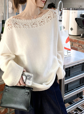 诗文同款美利奴荃羊毛镂空花边一字领针织衫女秋长袖宽松慵懒上衣