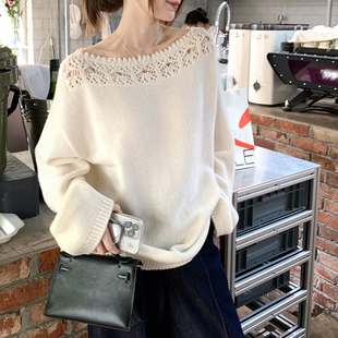 诗文同款美利奴荃羊毛镂空花边一字领针织衫女秋长袖宽松慵懒上衣