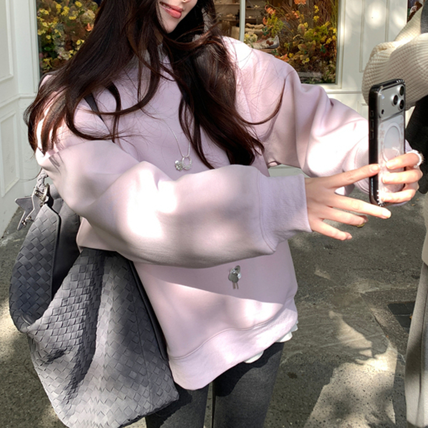 棉感加绒落肩袖宽松套头卫衣女冬