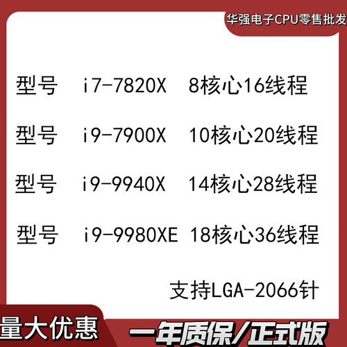 Intel台式CPU i7-7820X i9-7900X i9-9940X i9-9980XE 支持2066针