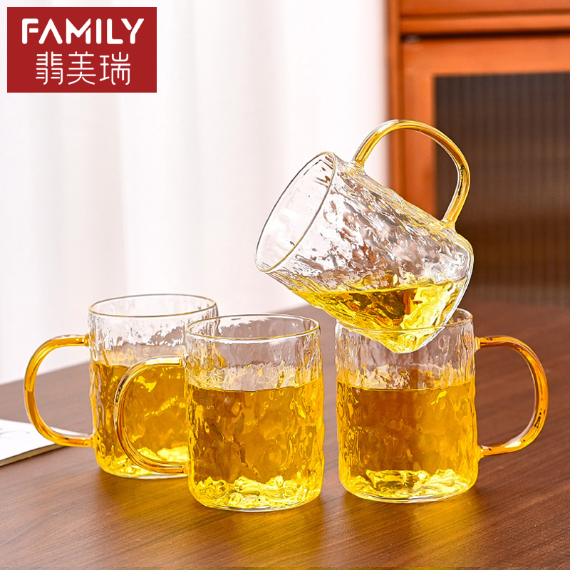 耐高温玻璃水杯带把手锤纹茶杯子